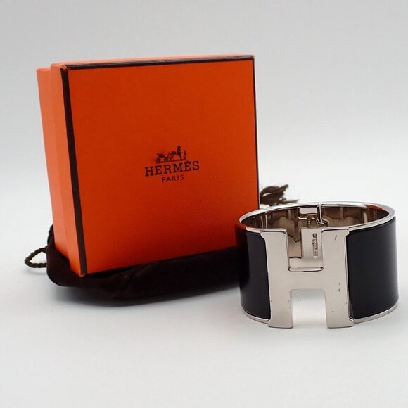 HERMES Logo Clic-Clac H XL Bracelet Black Silver 85RL215 - Picture 1 of 16